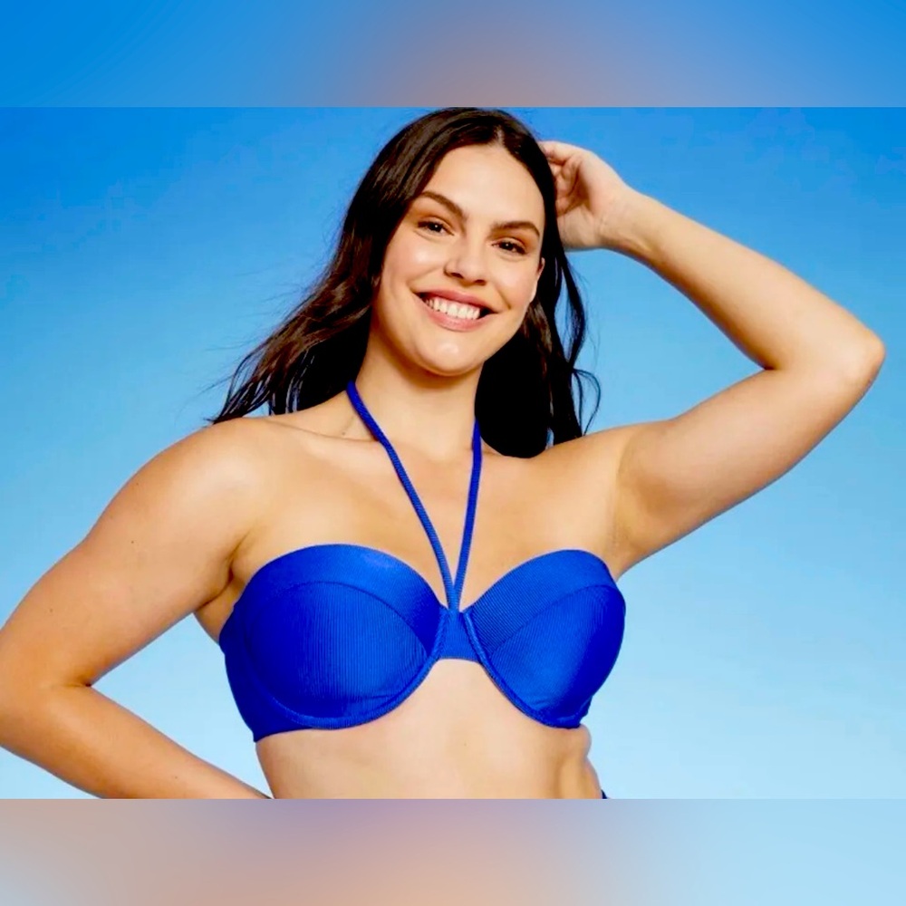 Shade & Shore Women's Lightly Lined Ribbed Halter Bikini Top Blue Size 34 C NWT